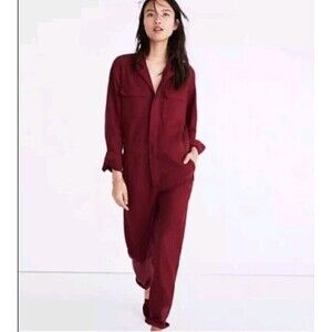 Madewell Size 0 Garment Dyed Denim Slim Coverall Jumpsuit Burgundy Red K3293 EUC